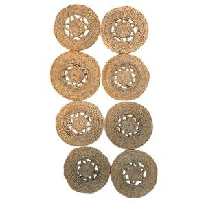 Set of 8 Vintage Rattan Straw Woven Round Coasters Boho Barware 4" Star Sun